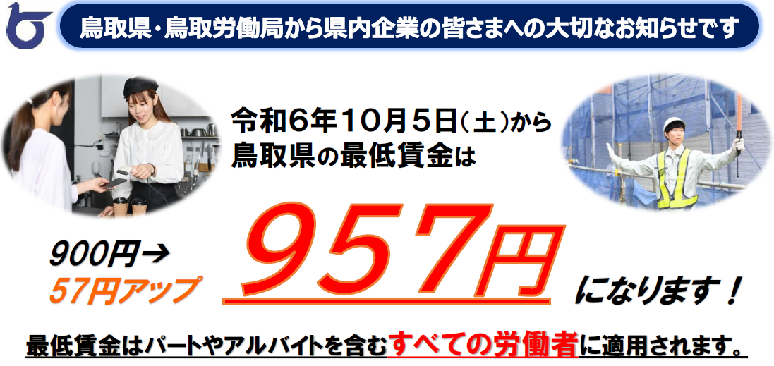 鳥取県の最低賃金は957円ですの画像